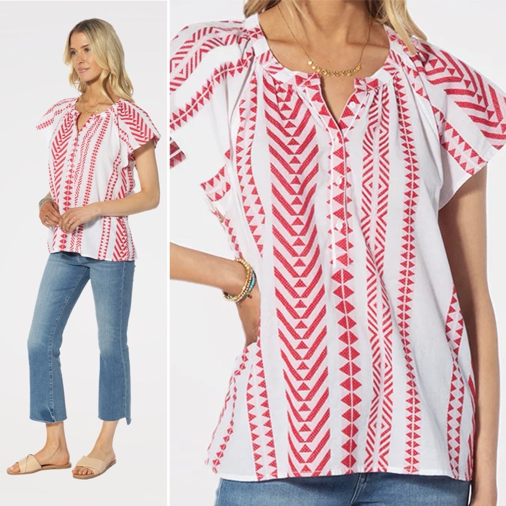 dylan White Top with Red Geometric Embroidery